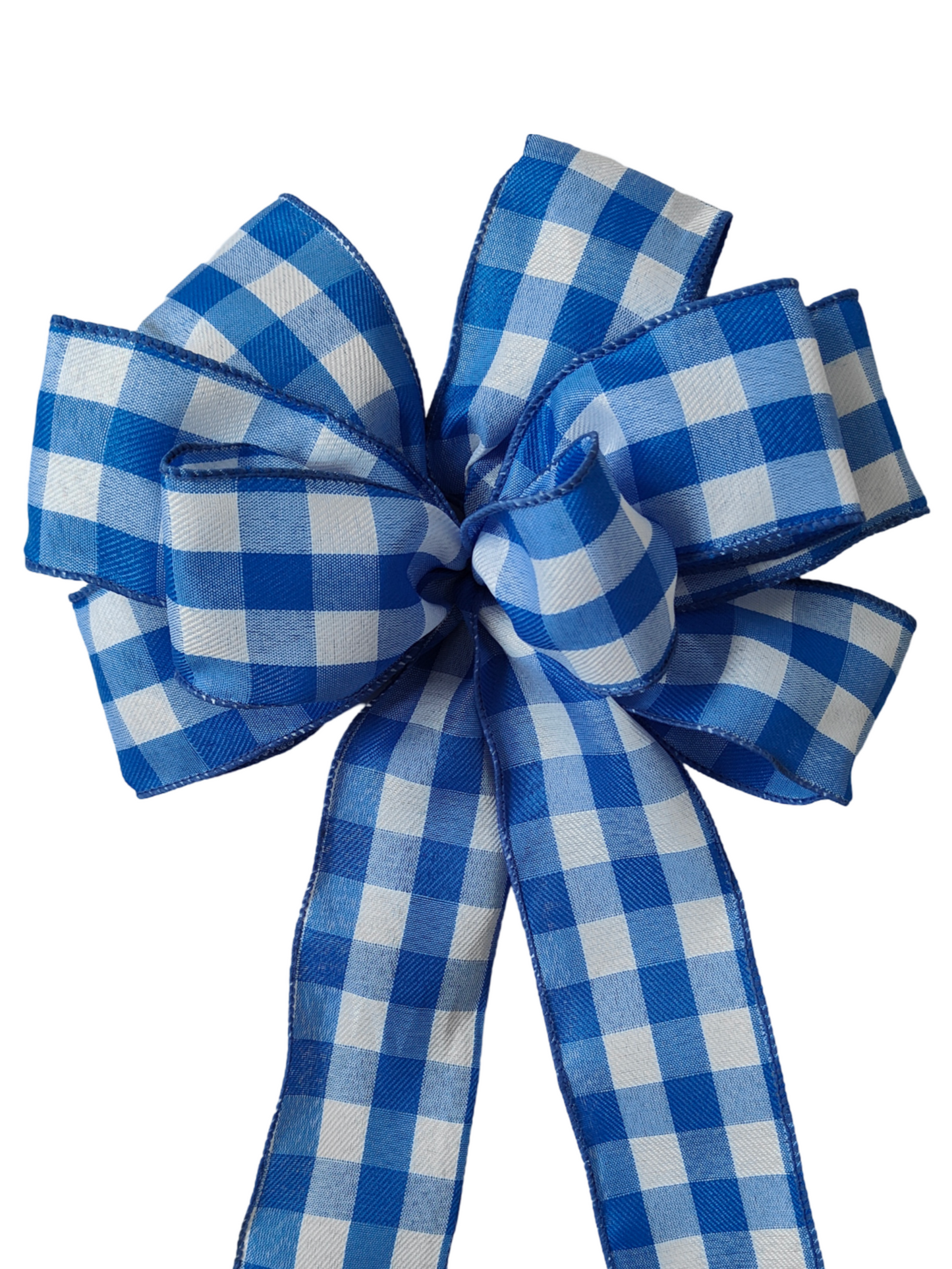 Blue white gingham check wreath bow