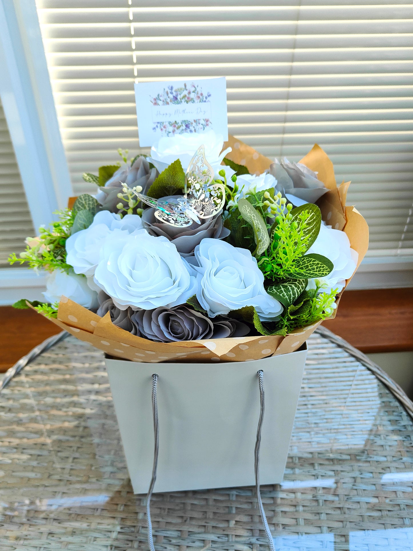Grey White Artificial roses Bouquet Gift home decor
