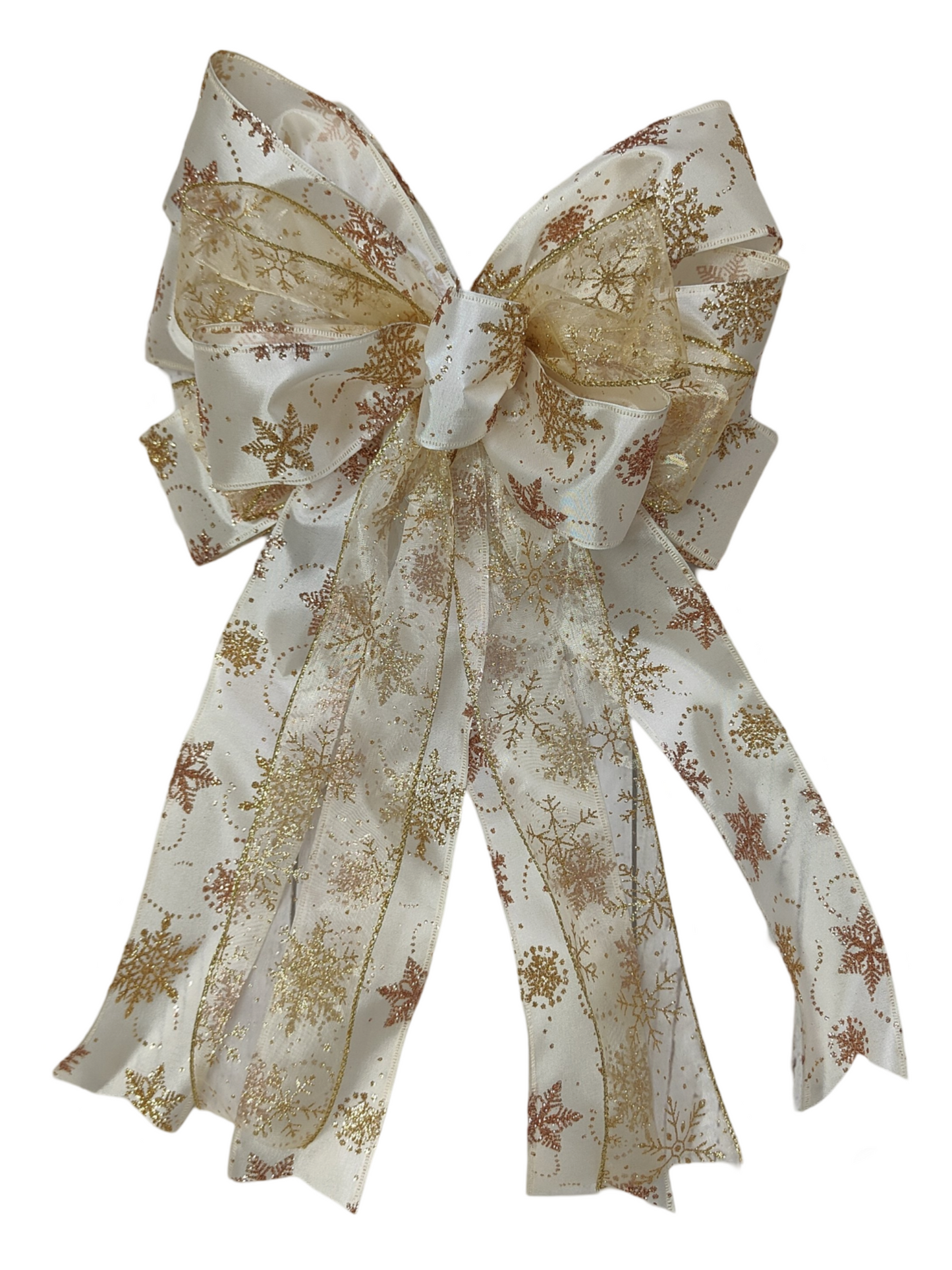Ivory Champagne Rose Gold Snowflake Glitter Christmas Topper Bow 12 inch