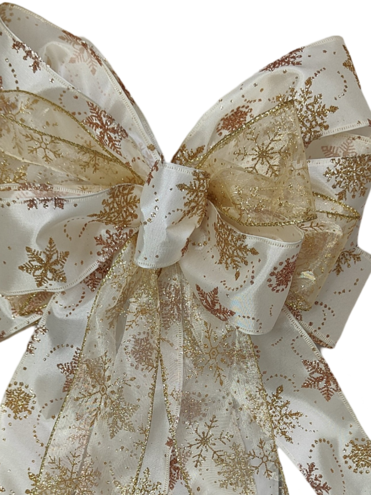 Ivory Champagne Rose Gold Snowflake Glitter Christmas Topper Bow 12 inch