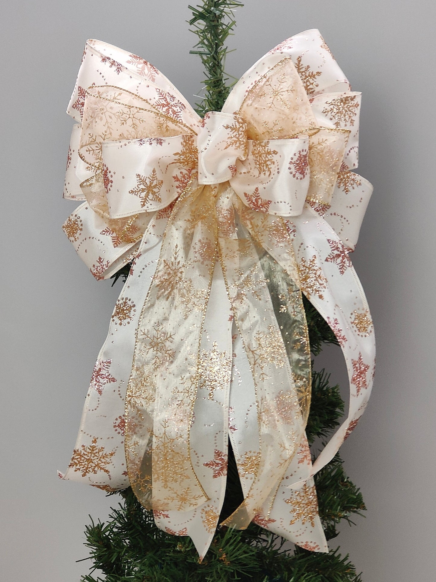 Ivory Champagne Rose Gold Snowflake Glitter Christmas Topper Bow 12 inch