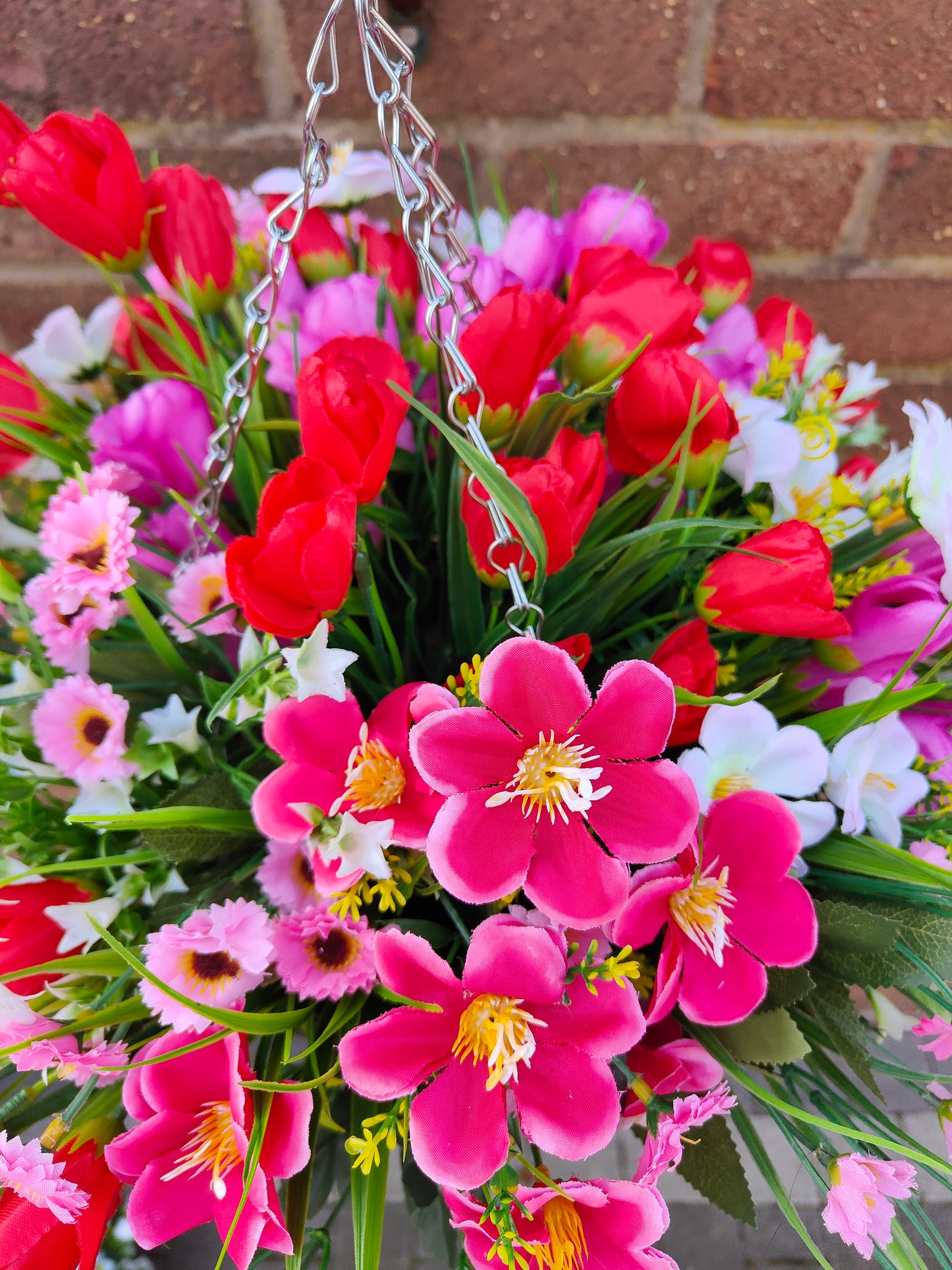 Red pink artificial flower hanging basket