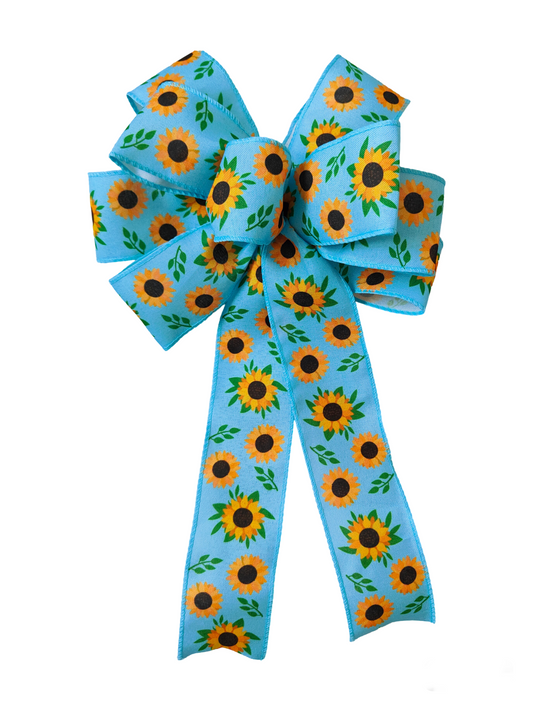Blue yellow sunflower wreath Bow wedding aisle