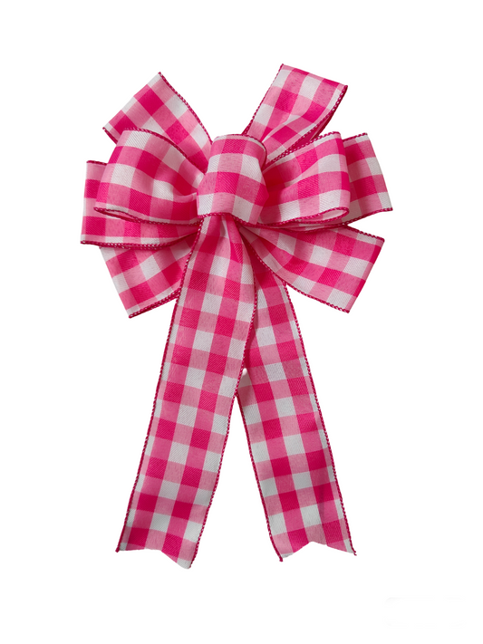 pink white bow wreath gingham check
