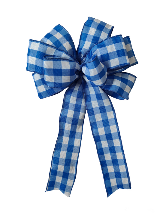 Blue white gingham wreath bow