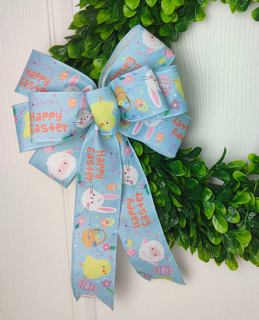 Blue Rabbit Happy Easter Wreath Bow  basket