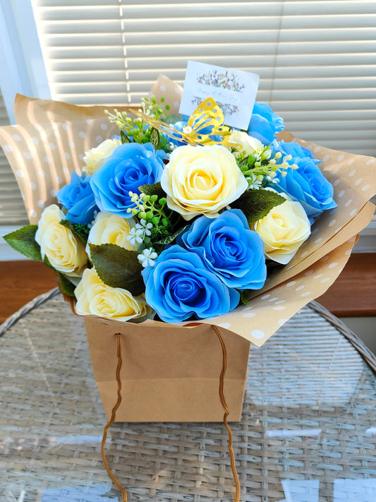Blue yellow Artificial roses Bouquet Gift