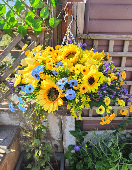 Yellow sunflower artificial flower hanging basket purple blue faux flowers garden outdoor 