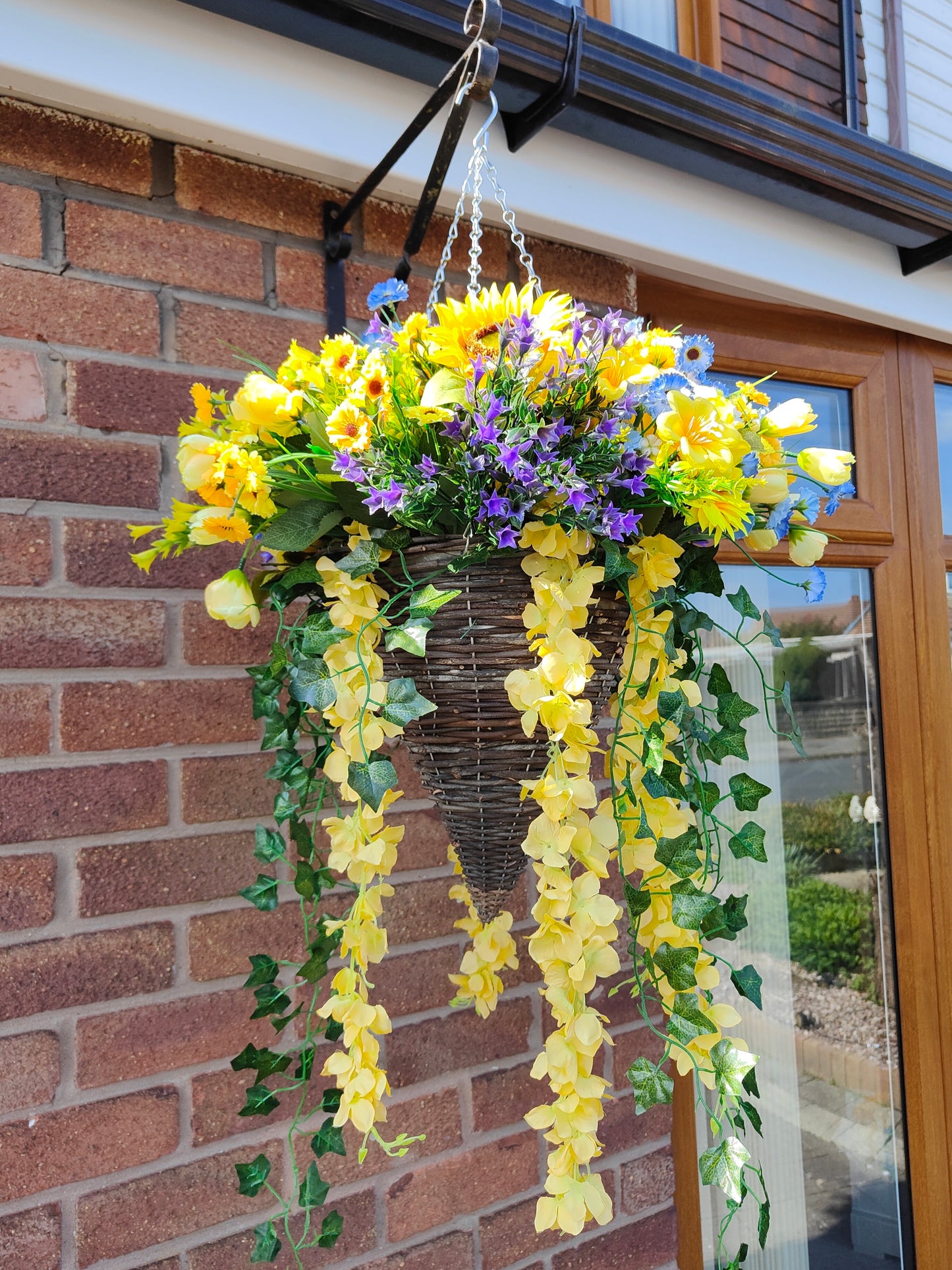 Yellow sunflower artificial flower hanging basket purple blue 