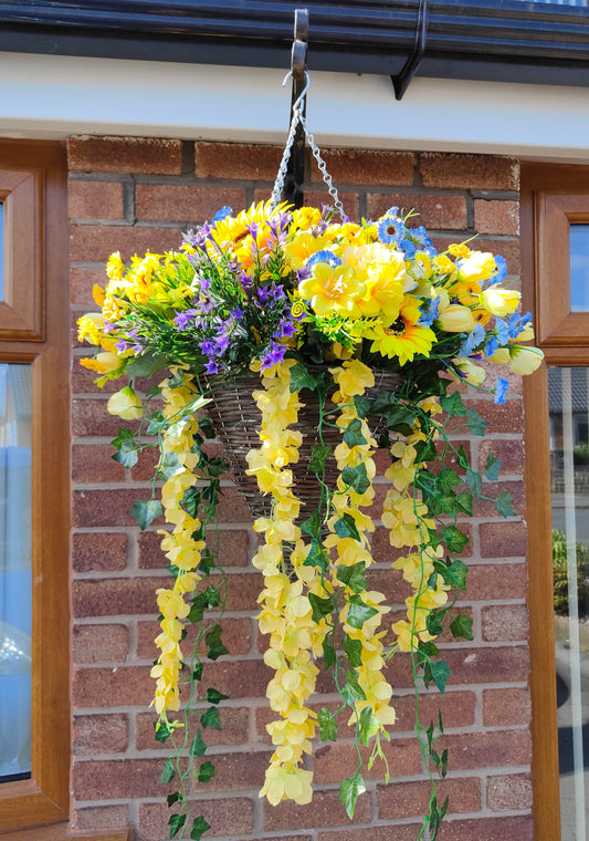 Sunflower artificial flower hanging basket outdoor garden 12 inch yellow purple blue 