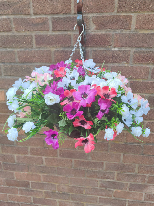 Poppy artificial flower hanging basket outdoor garden pink purple white coral roses pub restaurant 