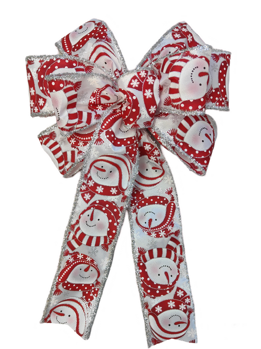 Red White Silver Snowman Christmas Bow 10 inch
