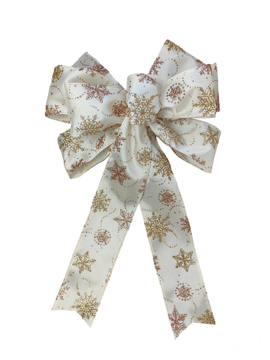 Ivory Champagne Rose Gold Christmas Snowflake Bow 10 inch