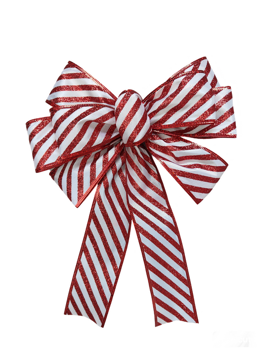 Red White Glitter Candy Cane Stripe Bow 10 inch