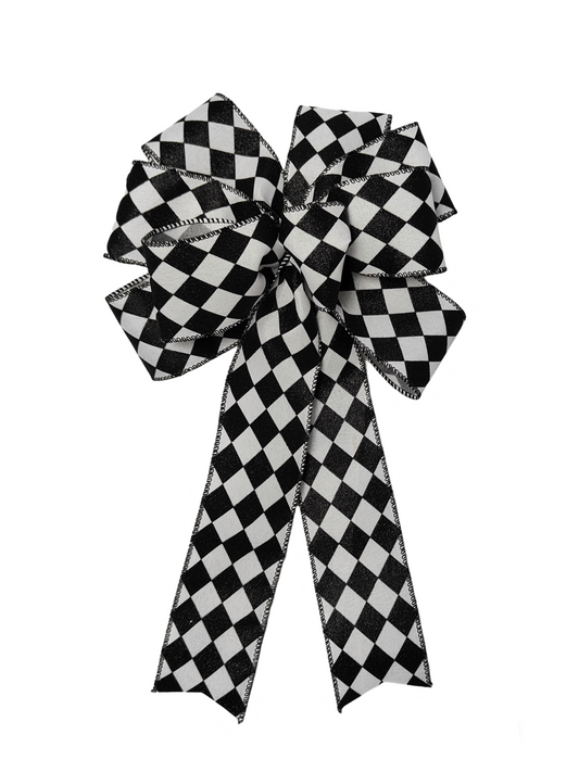 Black White Harlequin Glitter Christmas Bow 10 inch