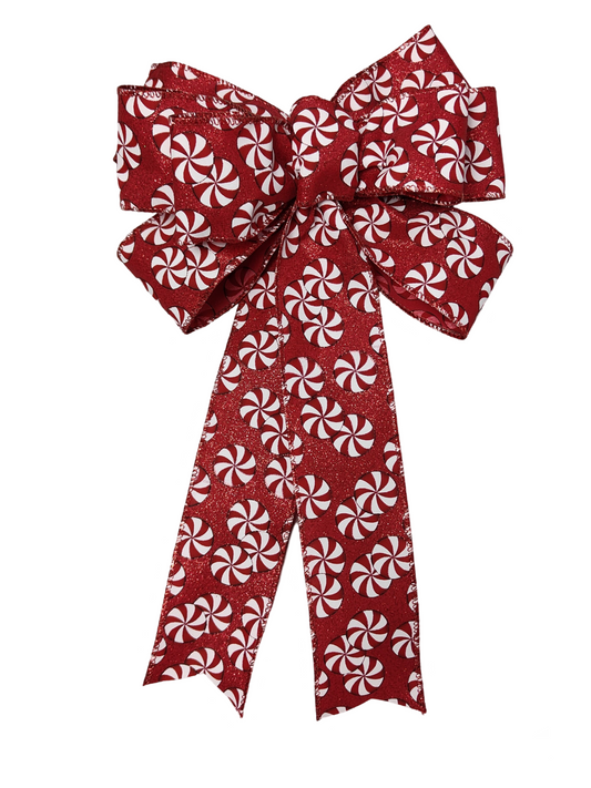 Red White Glitter Candy Cane Bow Peppermint 10 inch