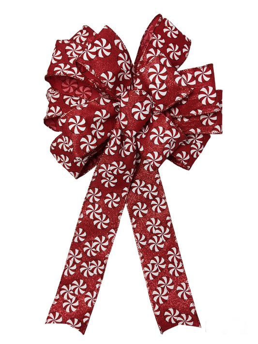 Red White Glitter Candy Cane Bow Peppermint 12 inch