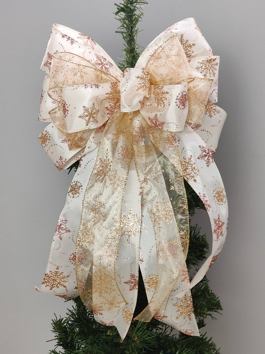 Ivory Champagne Rose Gold Snowflake Glitter Christmas Topper Bow 12 inch